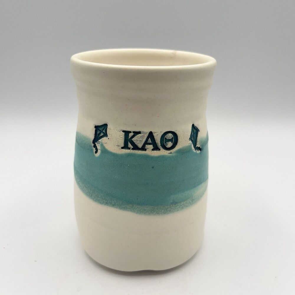 Brian Bachman Studio Artisan Handmade Pottery Mug Blue White Stamped